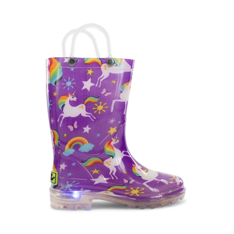 Western Chief Kids Waterproof Light Up Rain Boots With Handles for Easy On and Off for Boys and Girls, Rainbow Unicorn, Purple, 9 M US Toddler - Image 1
